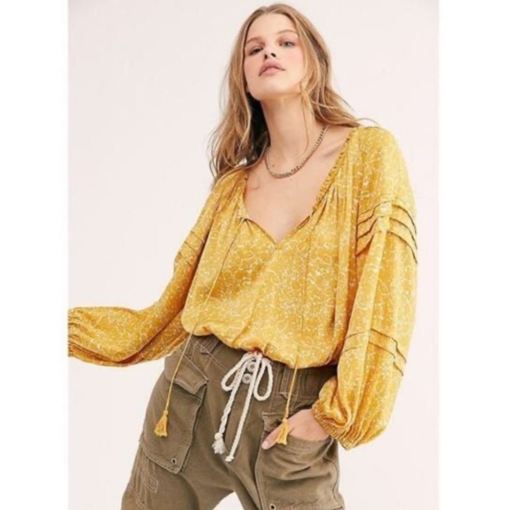 Free People all tucks printed bodysuit/ Mustard Floral Blouse - Picture 2 of 6